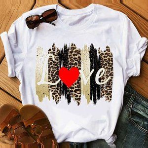 Leopard Letter&Heart Print Short Sleeve T-shirt